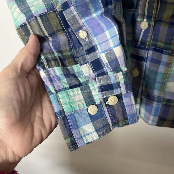 LL Bean Women’s M Petite Blue Plaid Country Patchwork Button Front Top Casual - Picture 4 of 9